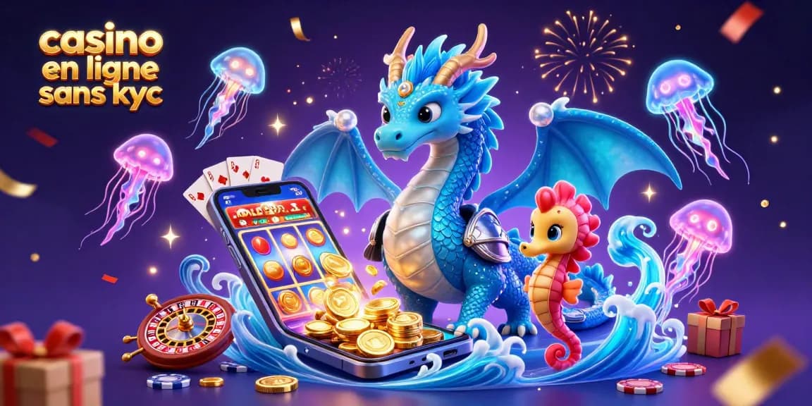 Jouez en toute sécurité sur un casino en ligne sans KYC avec un dragon et des éléments de jeu flamboyants.