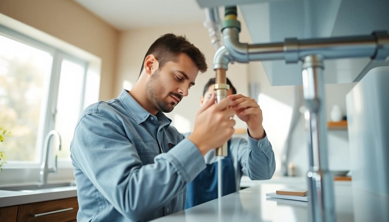 Skilled plumber north shore repairing a pipe in a modern kitchen, showcasing expert craftsmanship.