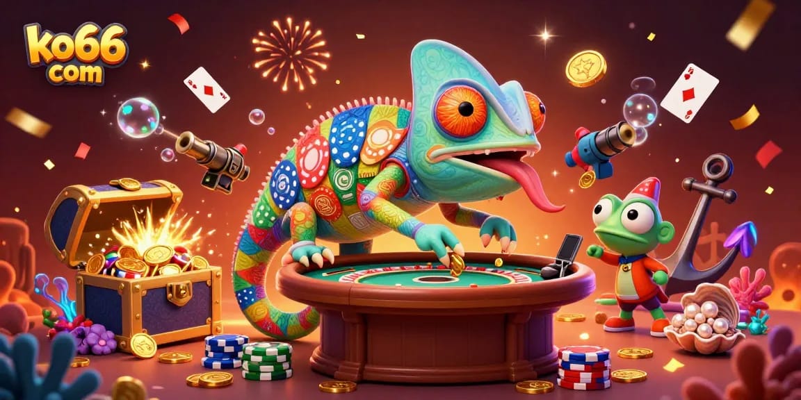 Engage with exciting games at ko66 com, featuring a colorful chameleon casino owner and vibrant casino elements.