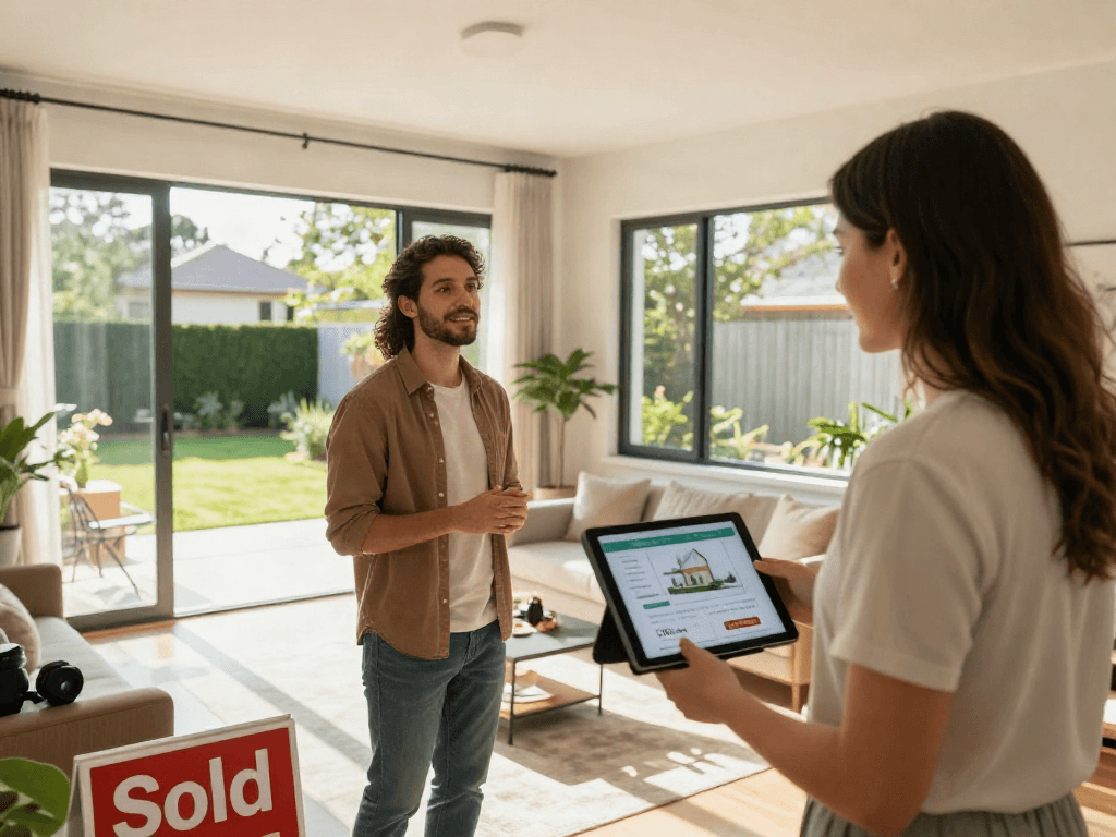 Couple touring a modern home with a real estate agent, highlighting the deposit 10k opportunity.