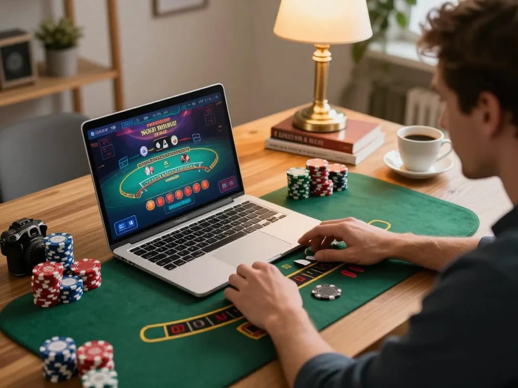 Player enjoying gamebaidoithuong8 blackjack on laptop amidst vibrant home office decor and strategic gaming elements.