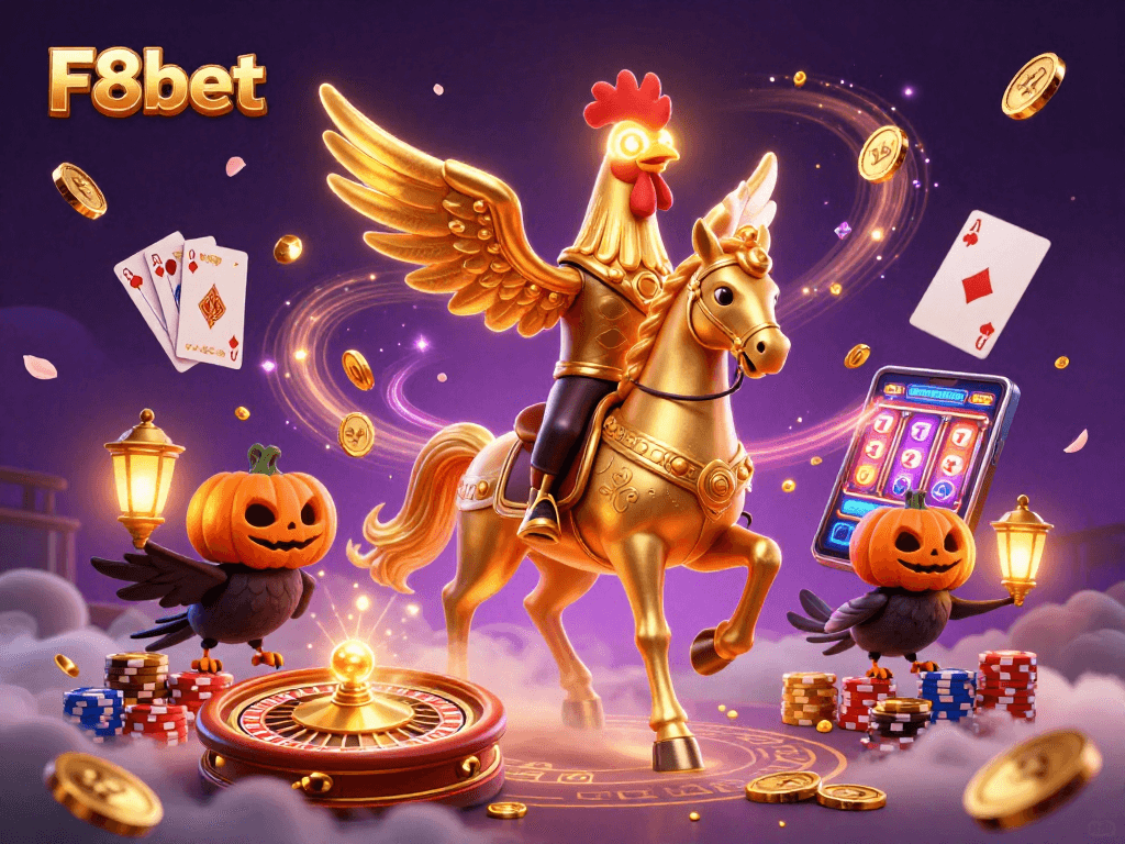Win big with F8bet in a vibrant casino scene featuring a golden rooster and spectacular spectacle.