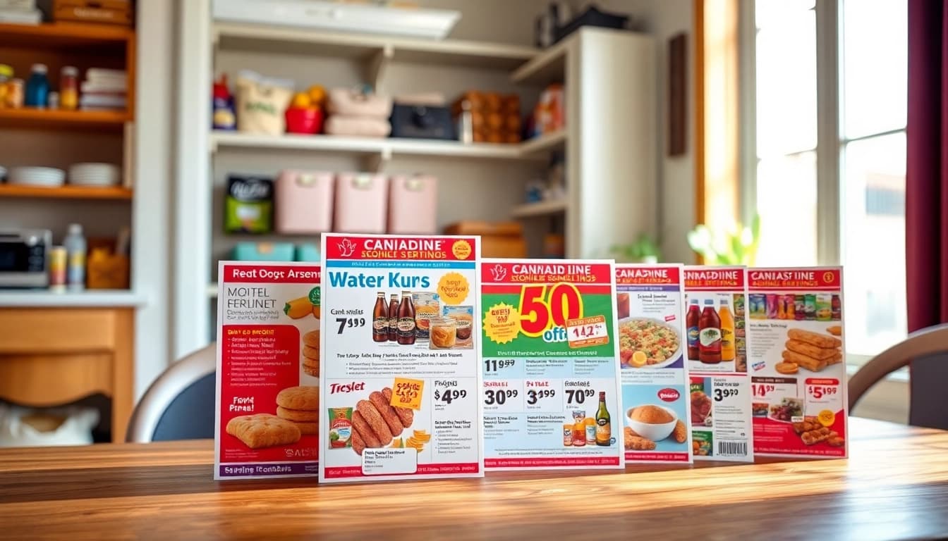Discover diverse Canadian Flyers promoting amazing deals on a wooden table in a cozy home setting.