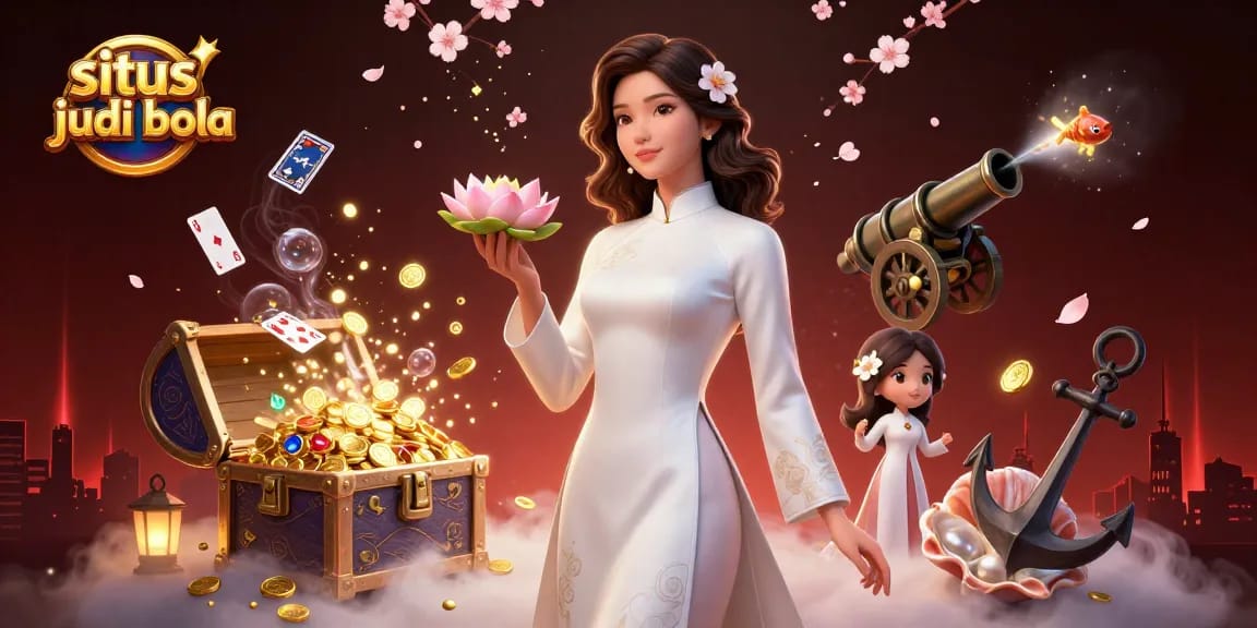 Engage in fascinating gameplay at situs judi bola with a graceful woman surrounded by vibrant casino elements.