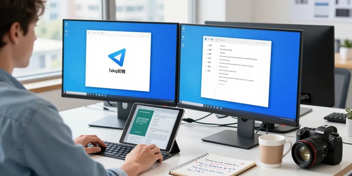 Setup for the telegram chinese latest guide with Telegram app interface on dual monitors and a professional workspace.
