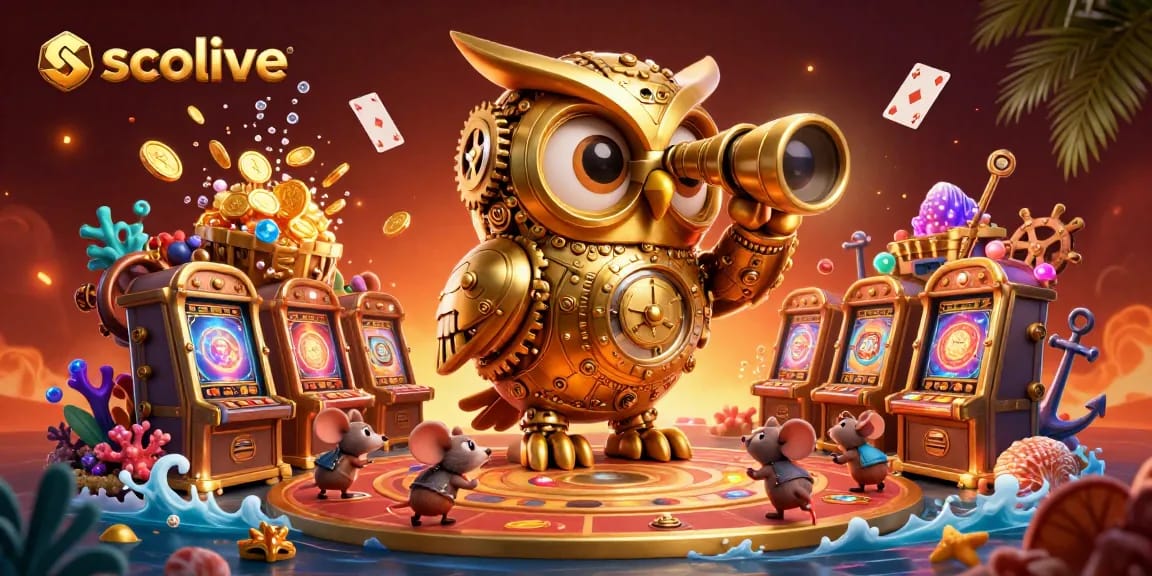 Socolive entertains viewers as cartoon owl scans a vibrant casino floor filled with playful mice.