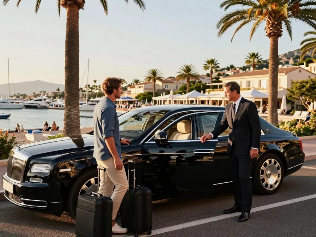 Service de taxi de luxe à Saint-Tropez avec chauffeur et couple élégant. Taxi St Tropez.