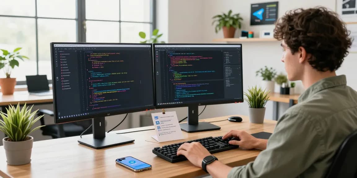 Professional workspace showcasing Telegram features with 纸飞机中文版 on monitors, person engaging with tech in modern office.
