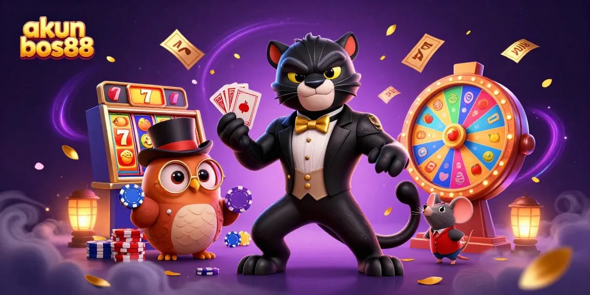 Experience the thrill of akun bos88 with a vibrant casino-themed illustration featuring a stylish panther, a clever owl, and a lucky mouse