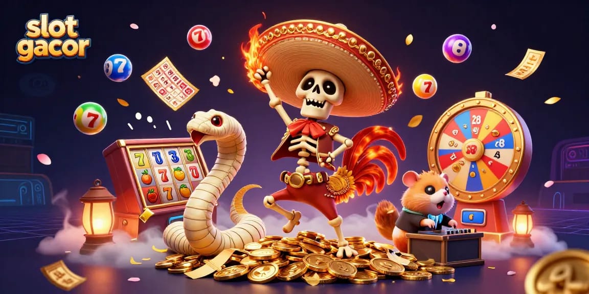 Experience thrilling wins with slot gacor in a vivid 3D casino scene featuring lively characters.