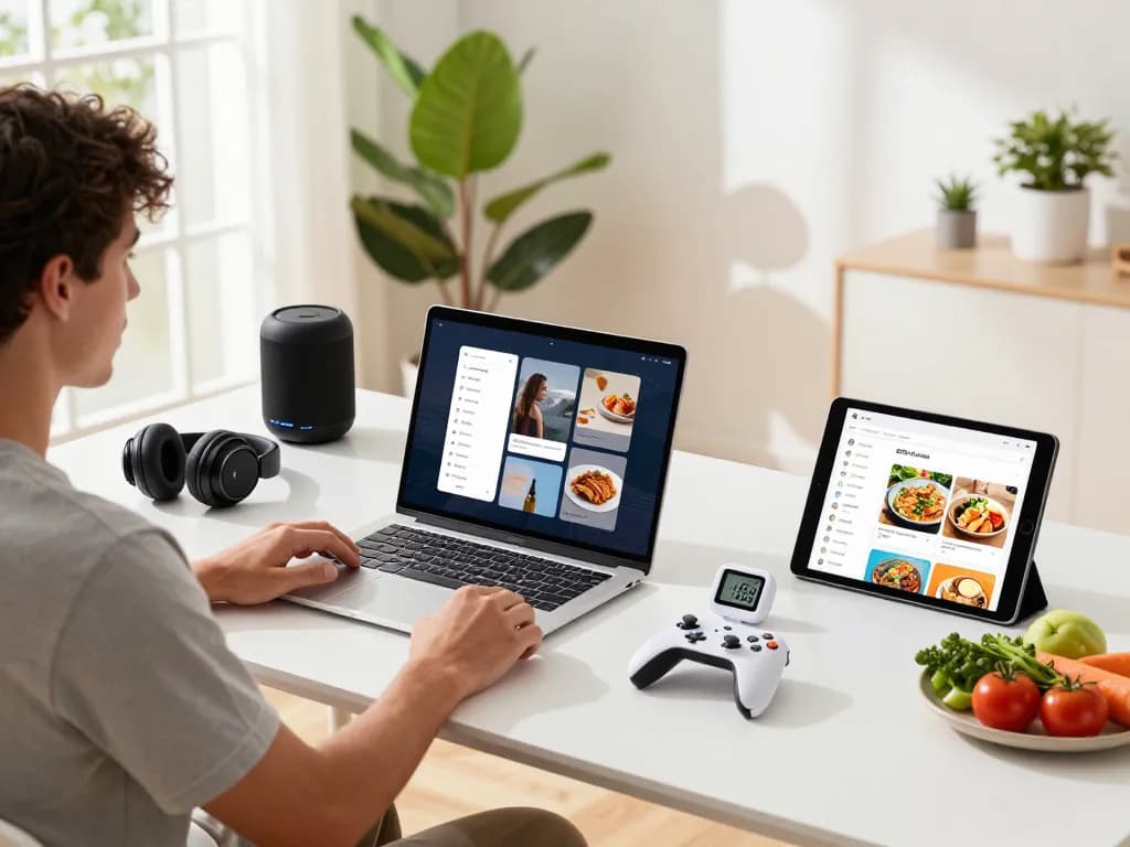 Explore the top 10 tech gadgets 2034 in a modern home office, showcasing innovative Bluetooth devices enhancing daily life.