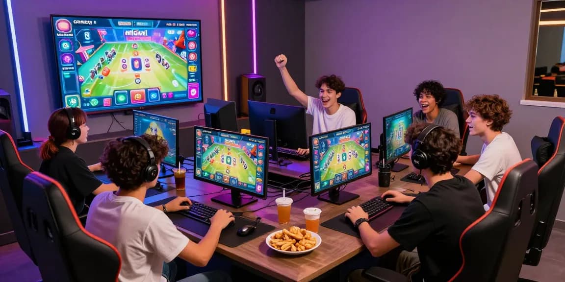 Friends enjoying an exciting card game experience on 68gamebai platform with vibrant lighting and snacks