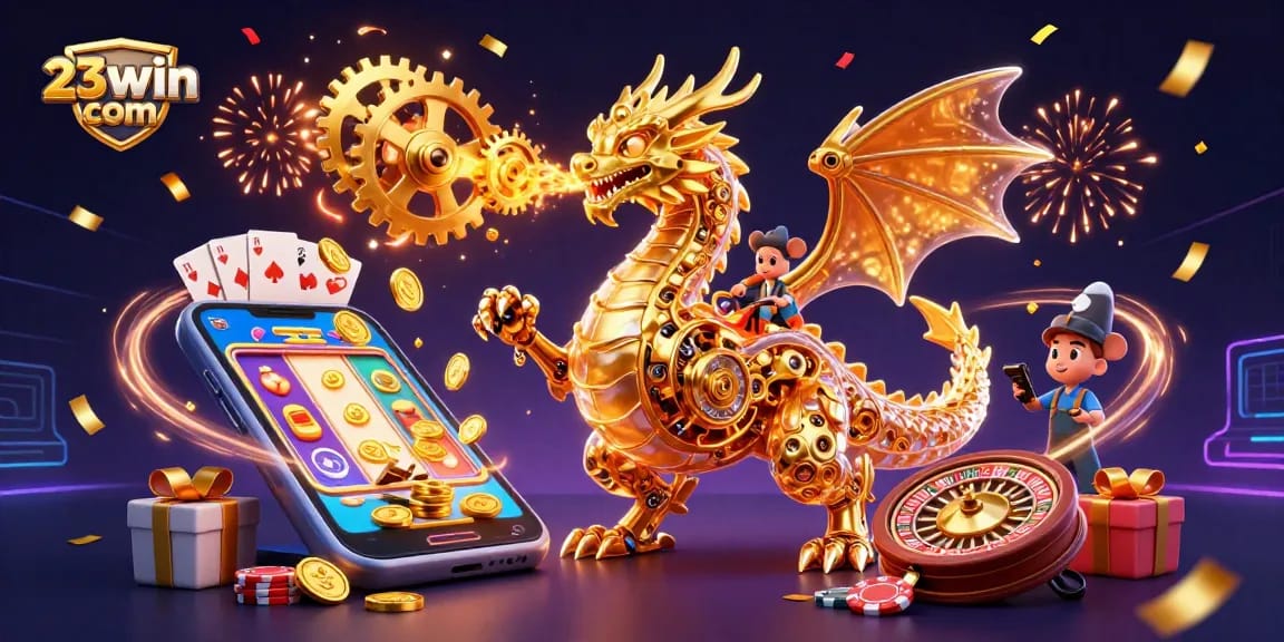 Play exciting games at 23win com while enjoying vibrant casino elements and a golden dragon illustration.
