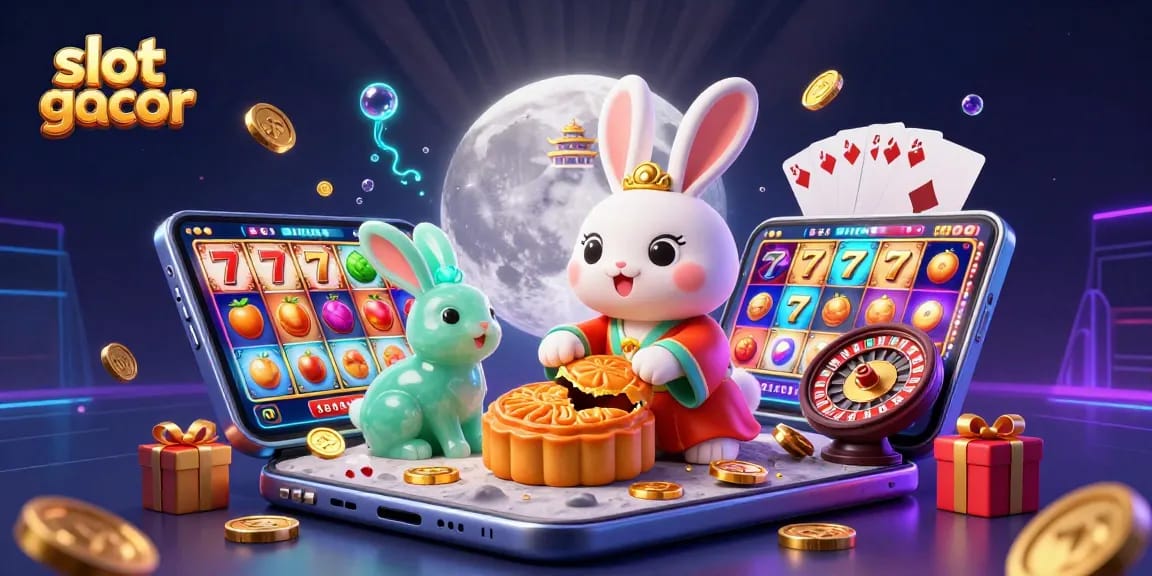 Experience the excitement of slot gacor in this vibrant 3D illustration of a moon rabbit and casino elements.