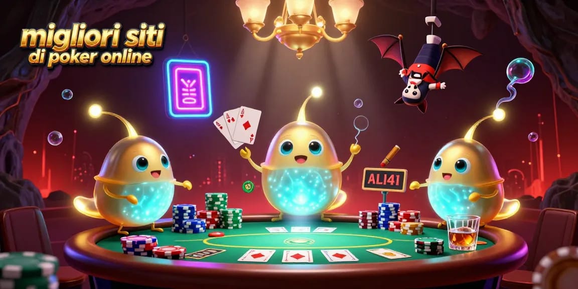 Gioca nei migliori siti di poker online con immagini di una poker room illuminata, poker chips e carte in vista.
