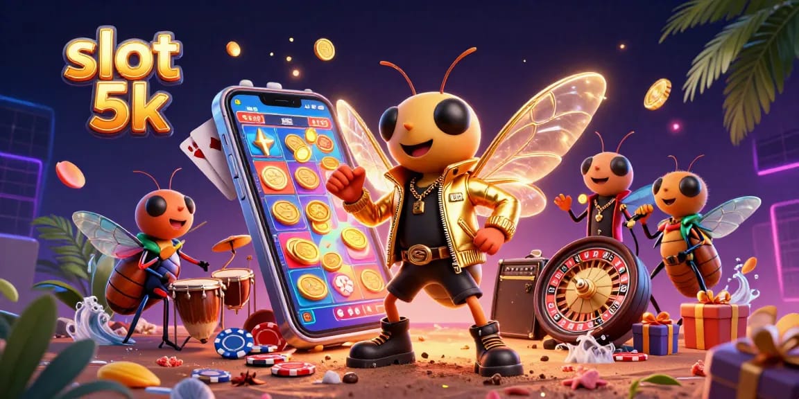 Experience slot 5k excitement with a vibrant scene showcasing a rock star cicada and slot game elements.