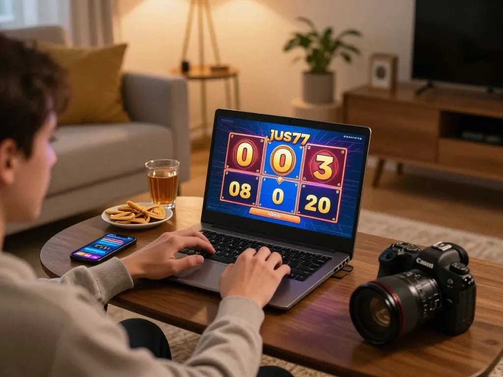 Player celebrating wins on jus77 while using laptop for online slots in a cozy living room.