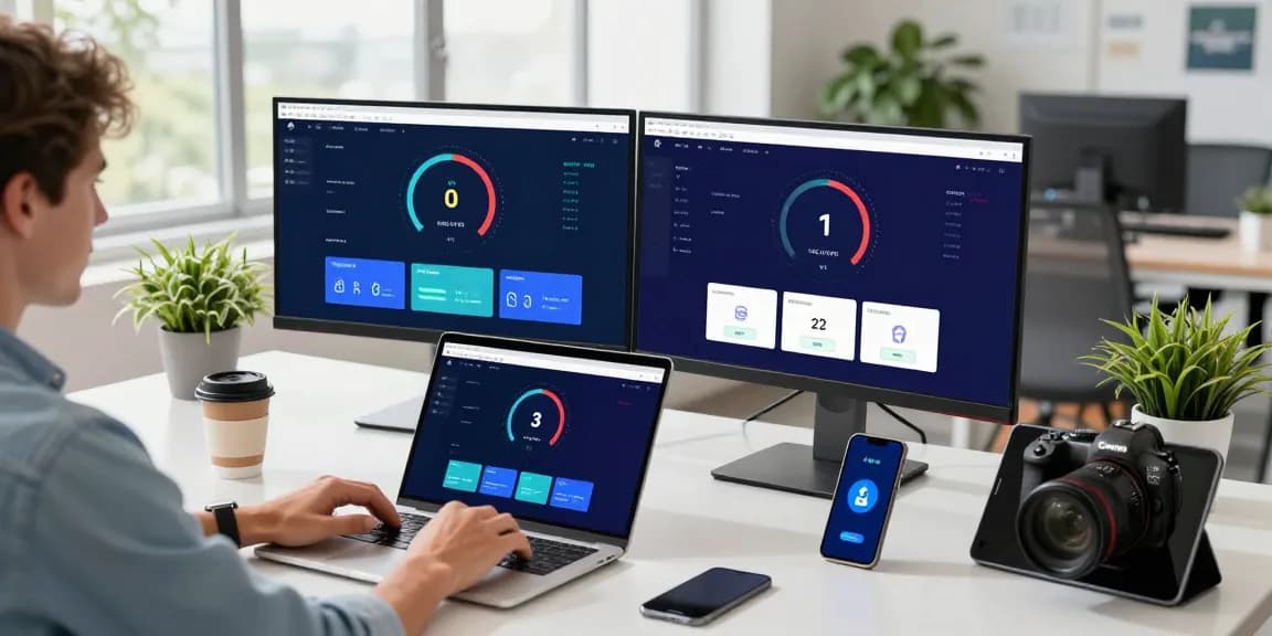 快连 VPN user connecting seamlessly in a modern tech workspace with multiple devices.