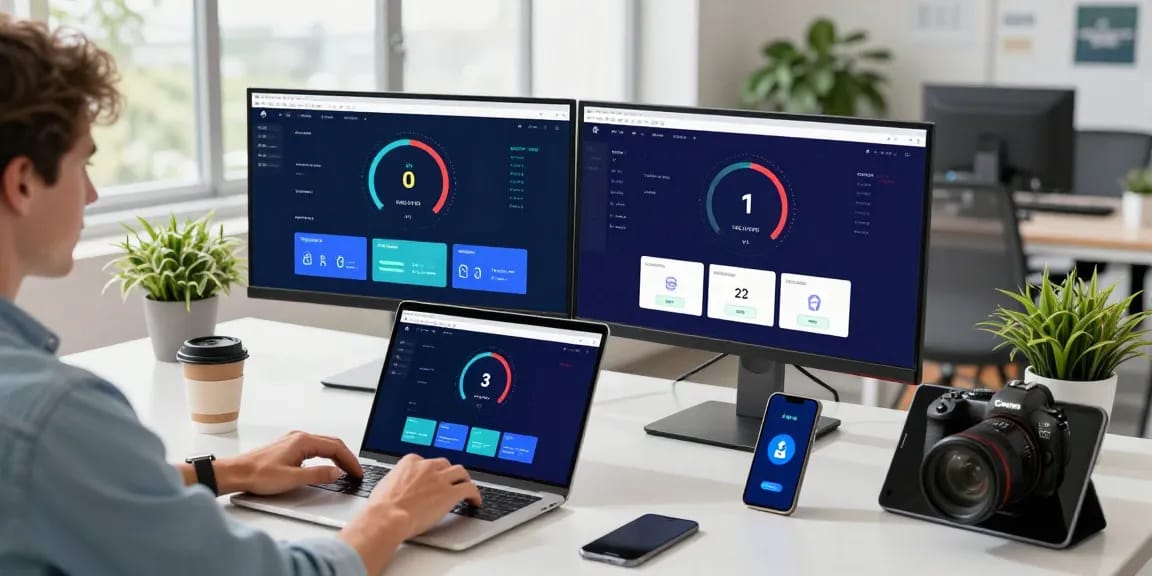 快连 VPN user connecting seamlessly in a modern tech workspace with multiple devices.