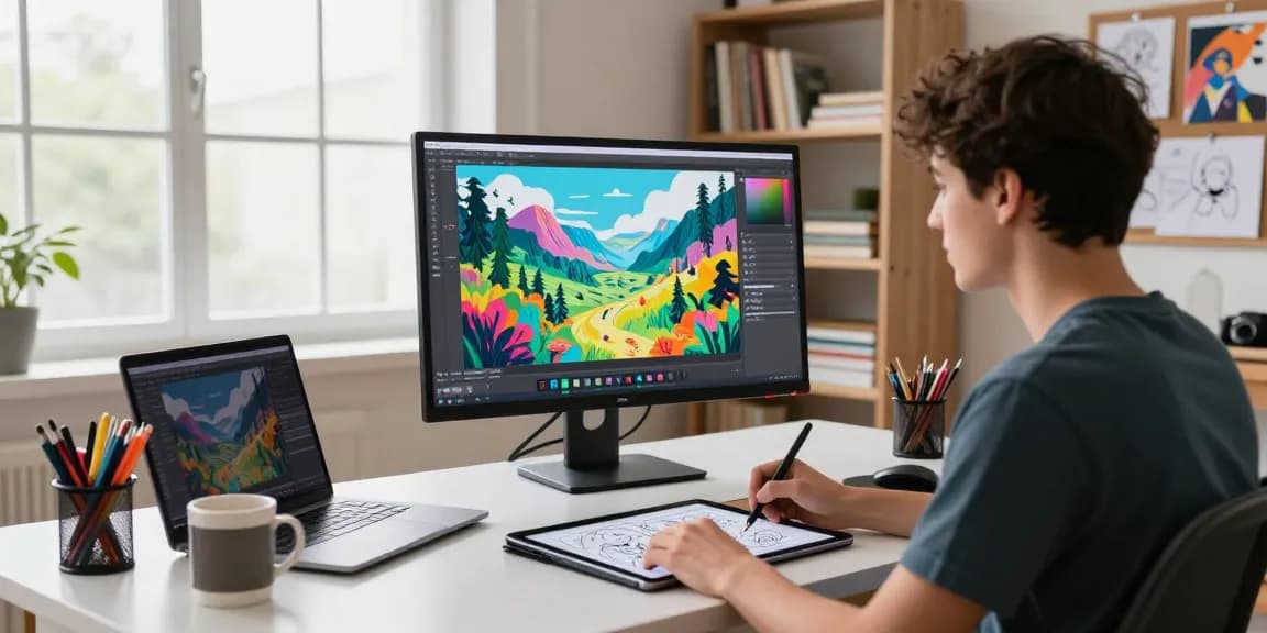 Artist using nano banana 2 AI editor in a creative home office for digital art creation.