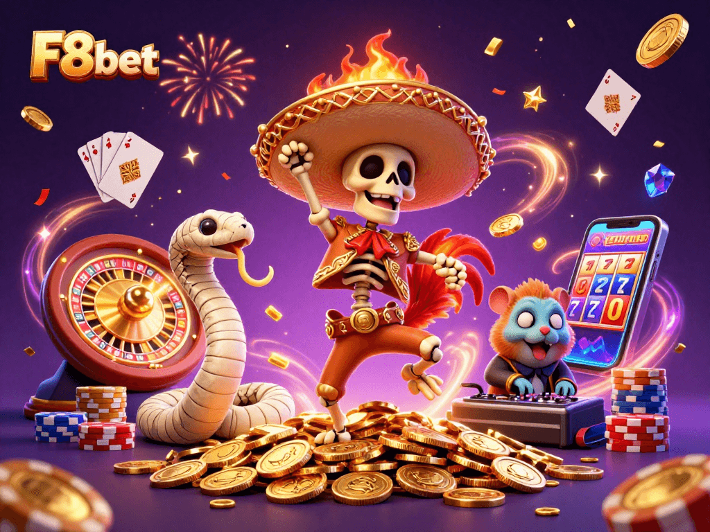 F8bet brings excitement alive with a vibrant 3D illustration of celebratory casino elements and characters.