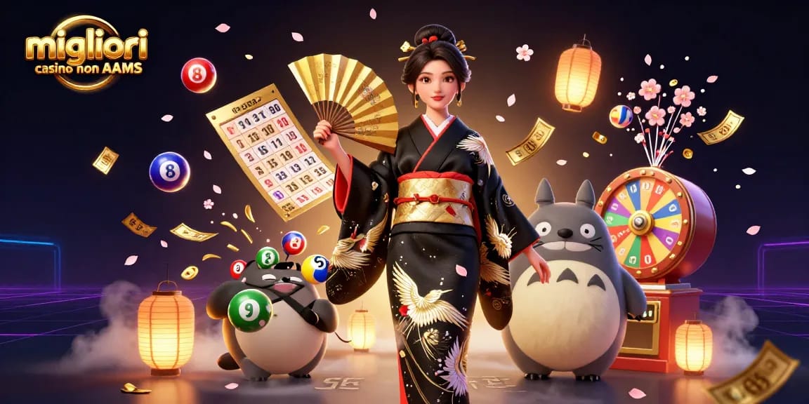 Illustrazione dei migliori casino non AAMS con una donna in un kimono e elementi di lotteria e giochi da casinò.
