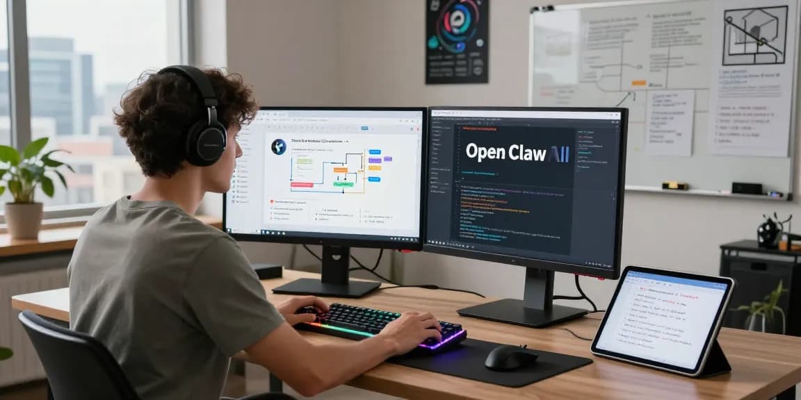 Workspace illustrating an openclaw skill development scene with dual monitors, coding activity, and tech accessories.