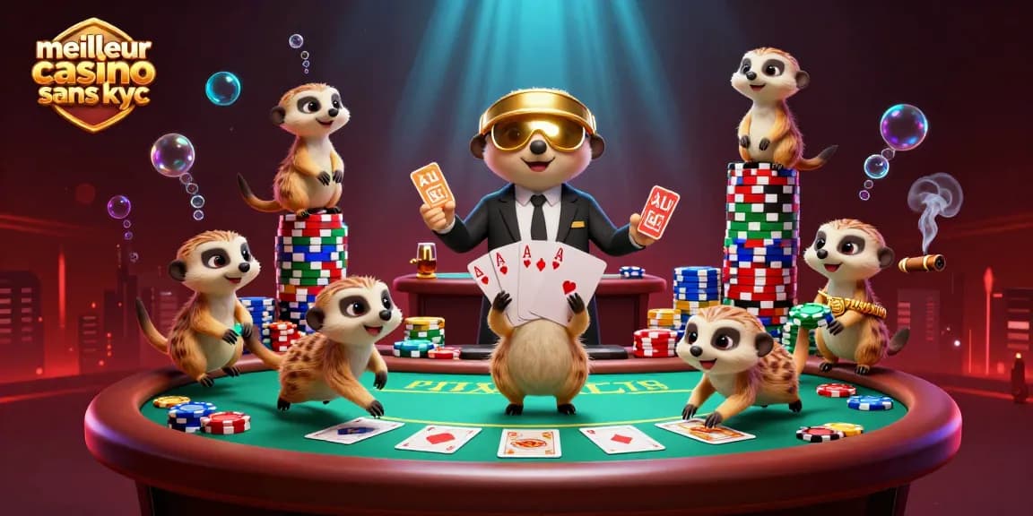 Jouer dans le meilleur casino sans KYC avec une illustration dynamique de suricates gérant un casino animé.