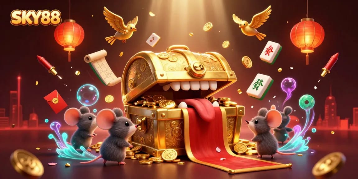 Engage with SKY88's vibrant casino world in this colorful 3D illustration featuring a treasure chest, gold coins, and festive elements.