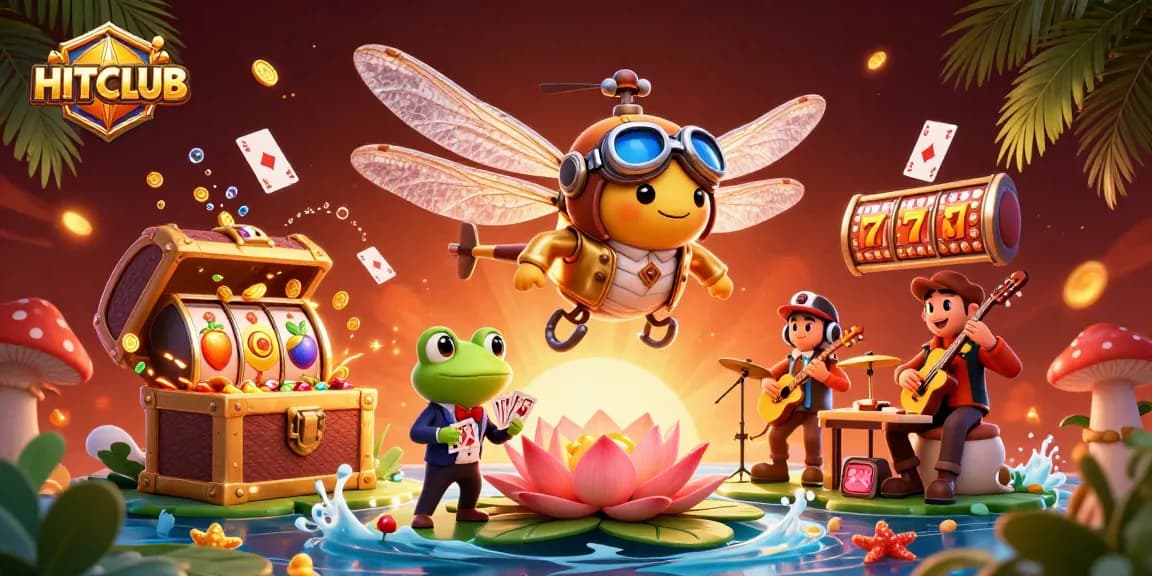 HITCLUB showcases vibrant 3D illustration blending dragonflies and casino elements for an immersive gambling experience.