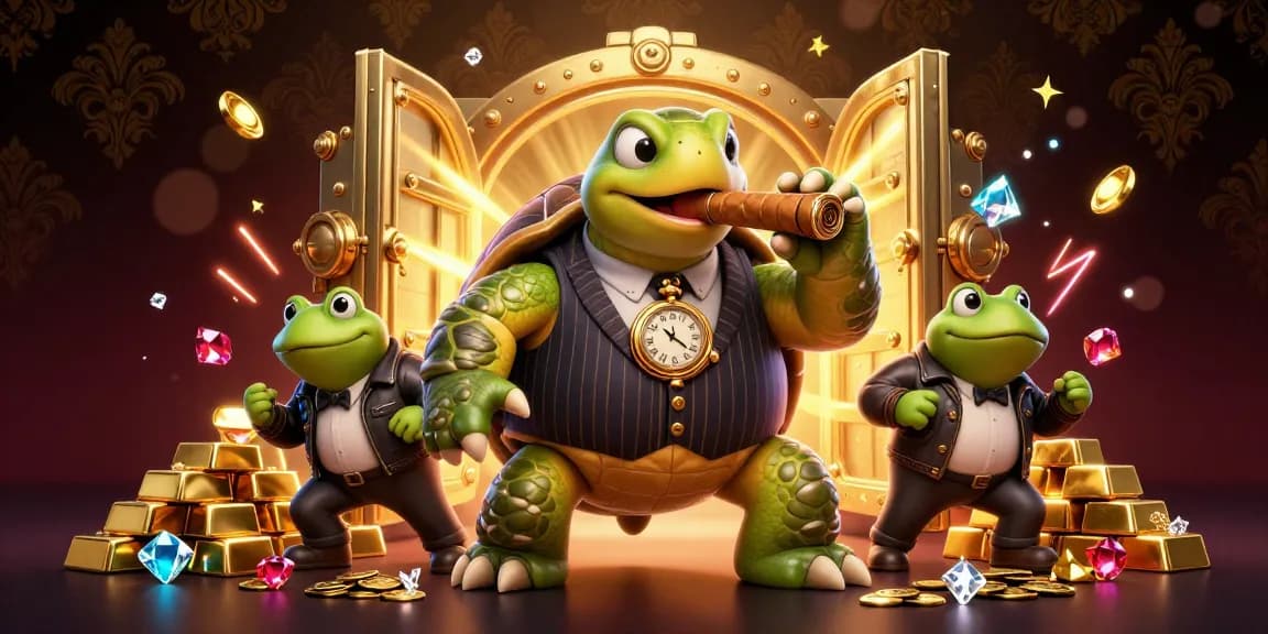 Engage with the vibrant world of mansion88, where cartoon turtles and bullfrogs bring a casino to life amidst treasure.