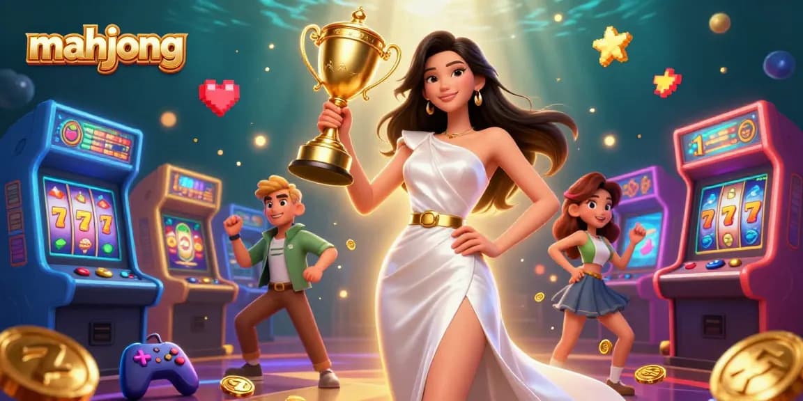 Experience mahjong at its finest with a stunning Asian woman winning a golden trophy amidst vivid casino elements.