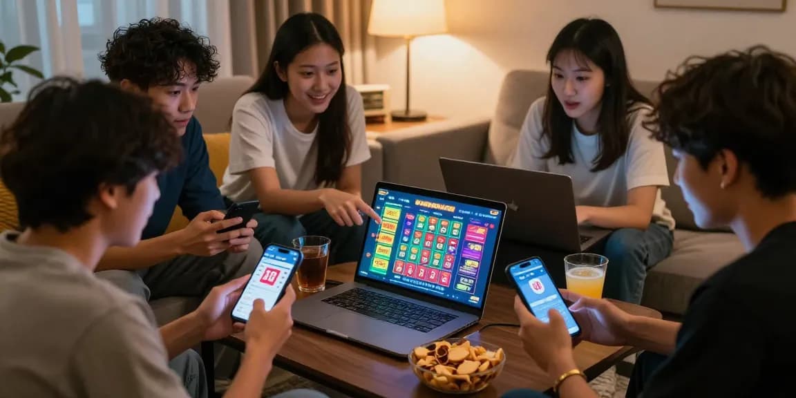 Kelompok teman bermain togel DIANA4D dengan antusias, menunjukkan angka di layar laptop dan ponsel.