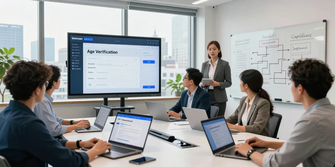 Team collaborating on an age verification system in a modern office