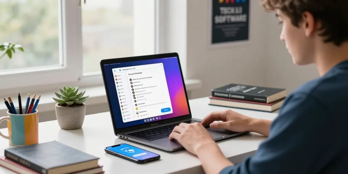 Professional using telegramin-cn.com on a modern workspace with tech elements.