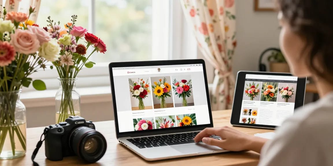 Online shopping for floral arrangements and MODALWD course in bright home office