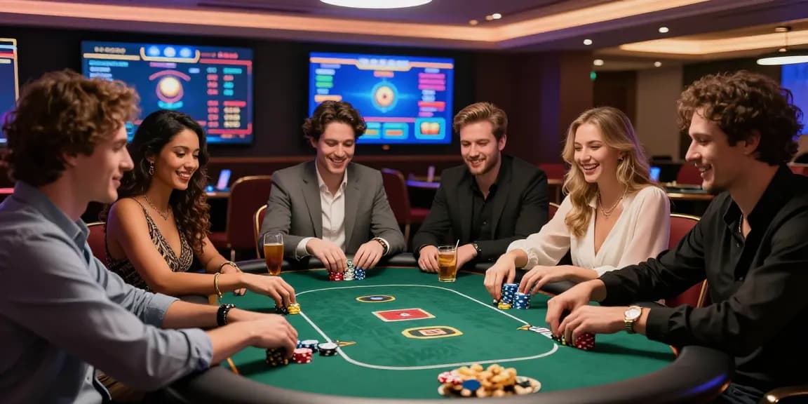 Engaging group of friends playing iwin poker at a stylish gaming table in a vibrant casino atmosphere.