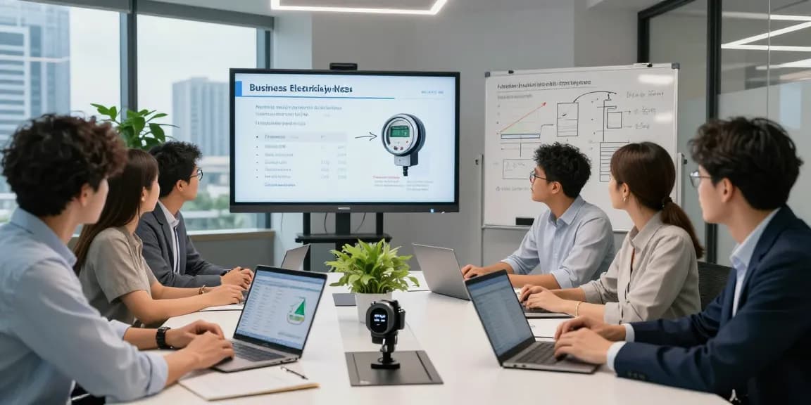 Team discussing business electricity half hourly meter solutions in a modern office with energy consumption analytics displayed.