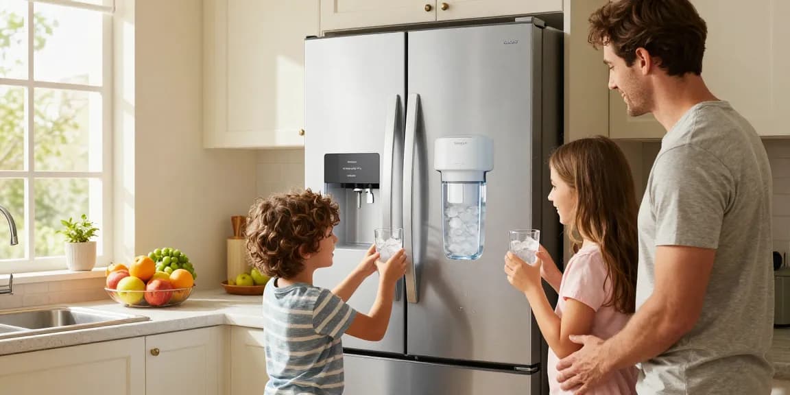 Waterdrop Plus 4396508 Refrigerator Water Filter seen in a family kitchen, highlighting its role in providing clean drinking water and ice.