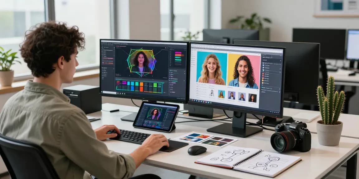 An AI detector workspace featuring an analyst reviewing AI image analysis software with monitors and tech tools.