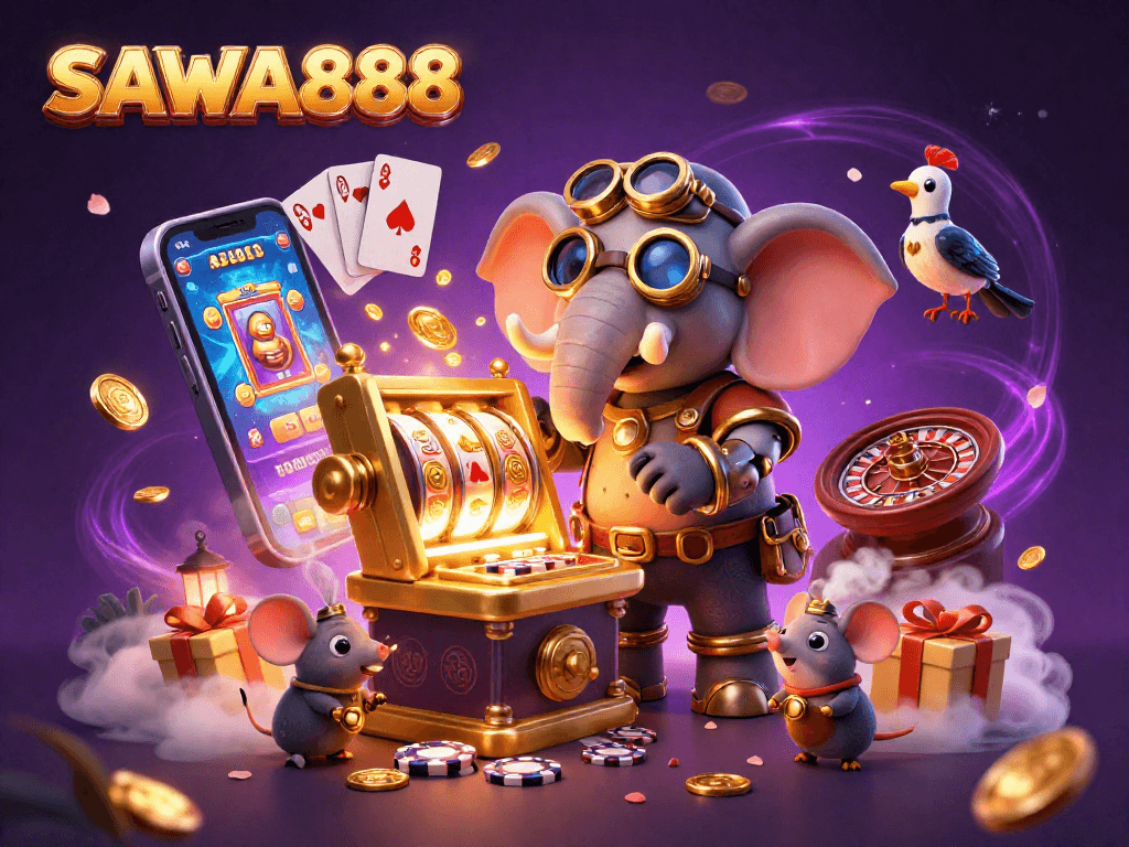 Experience the thrilling action of SAWA888 with a steampunk elephant and slot machines.