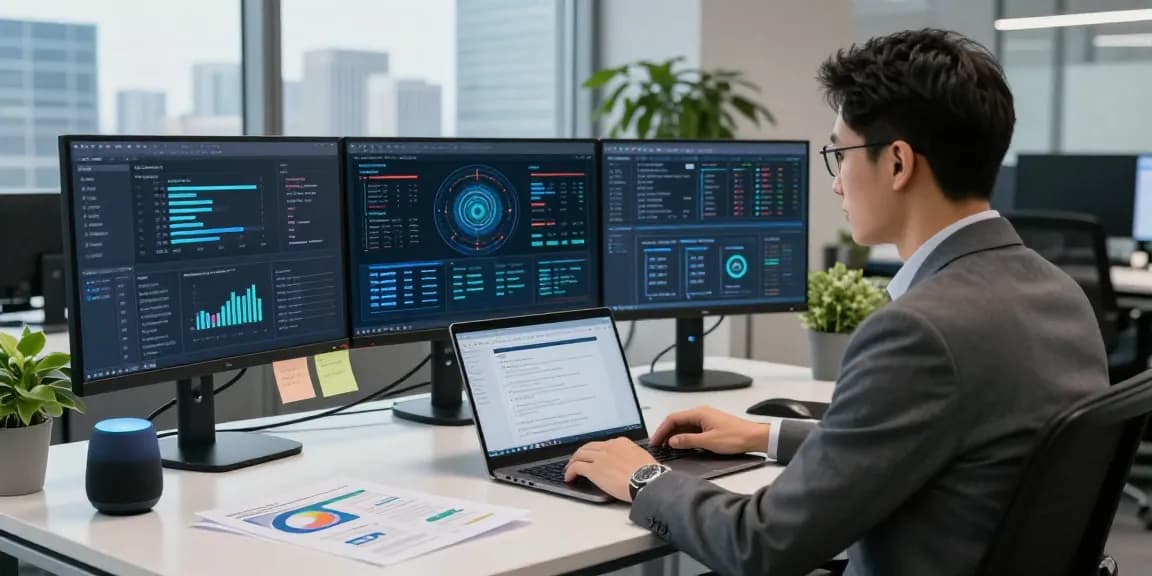 Advanced ai detector technology in a modern office with data analysis screens and an AI dashboard.