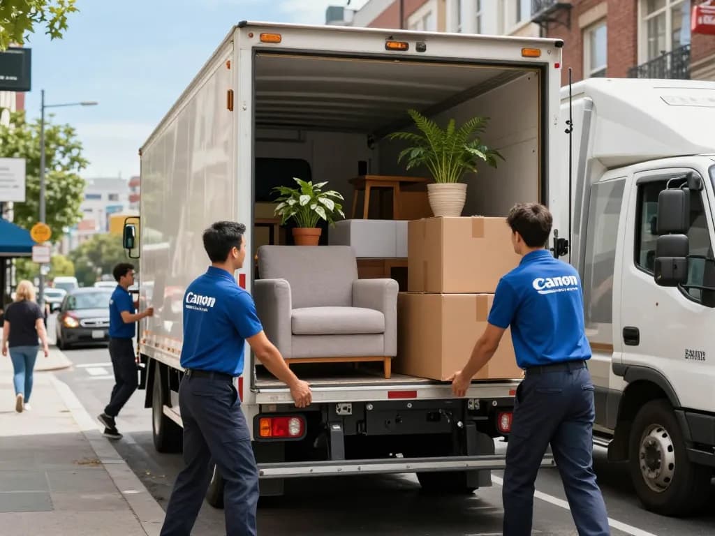 Umzugsunternehmen Hannover, die Möbel und Kartons während eines geschäftigen Umzugs in die Stadt in einen Lkw laden.