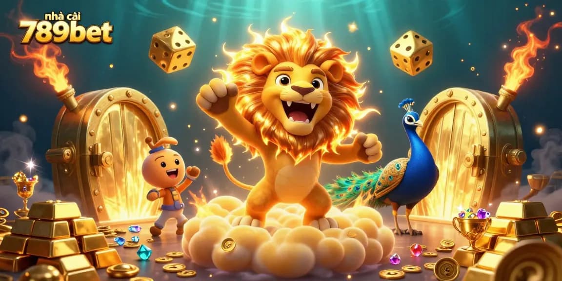Experience the thrill at nhà cái 789bet with vibrant casino elements, including roaring lion and golden treasures.