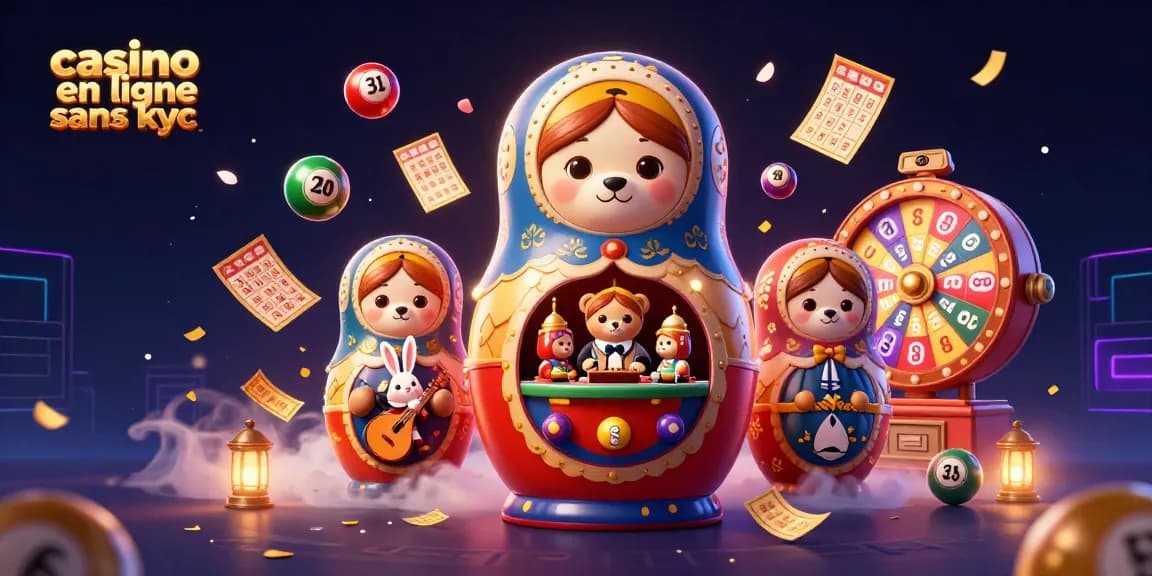 Jouez sans contraintes dans un casino en ligne sans KYC avec des ours en costume de croupier et des ballons colorés.