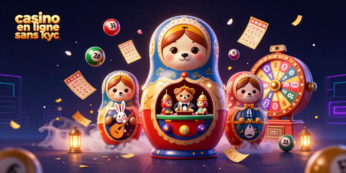 Jouez sans contraintes dans un casino en ligne sans KYC avec des ours en costume de croupier et des ballons colorés.