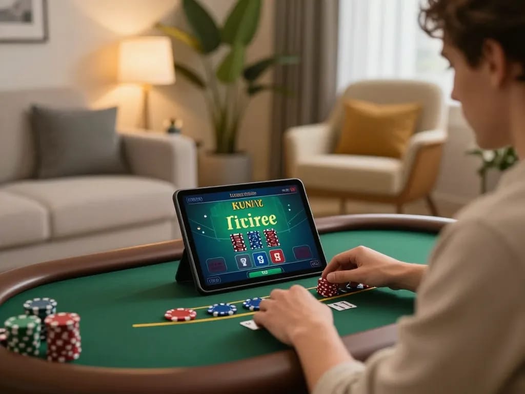 Player engages with live dealer blackjack game on tablet at home, showcasing 79so do in comfortable setting