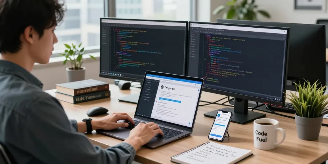 Innovative workspace for developing telegram china bots, person coding with modern tech.