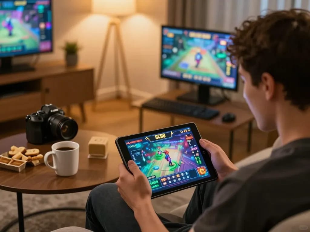 Playing the sc88 game on a tablet, showcasing an engaging and vibrant online gaming experience at home.