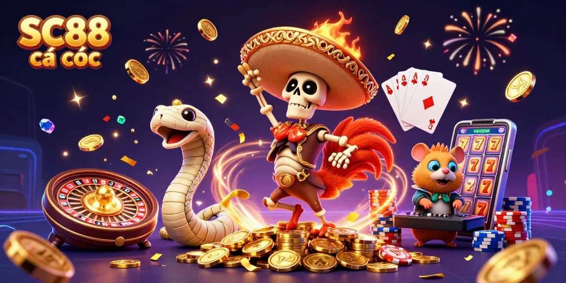 Experience the thrill of SC88 cá cược with vibrant 3D characters celebrating amidst cascading coins and festive casino elements.
